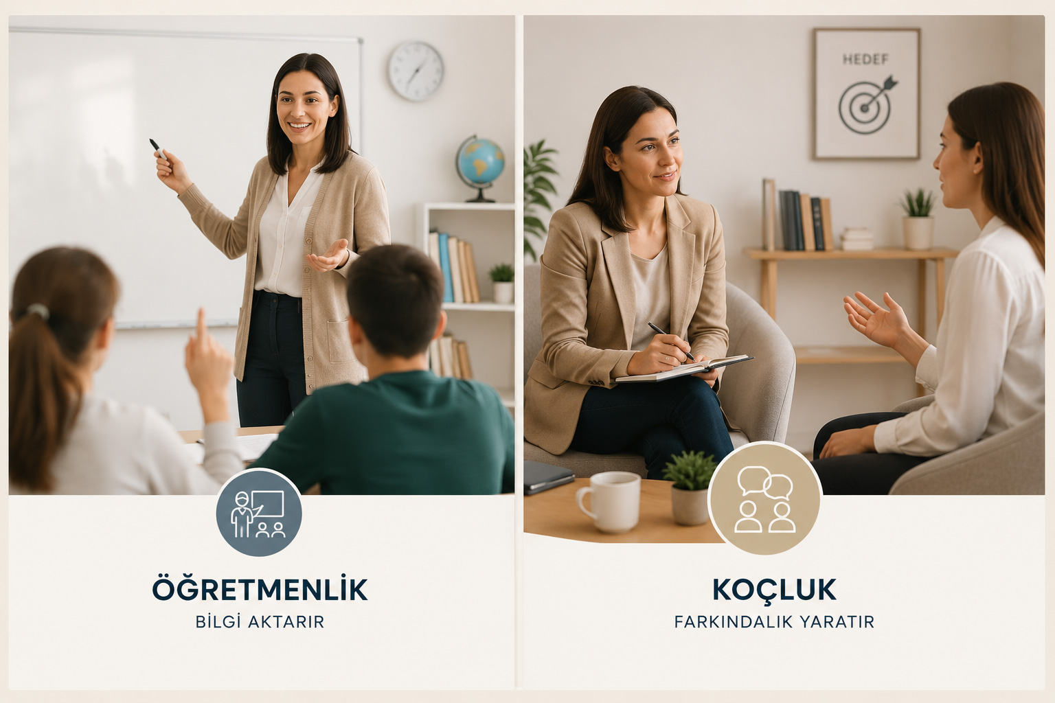 Öğretmenlik ve koçluk arasındaki farkı gösteren karşılaştırmalı görsel. Solda öğretmenin ders anlattığı sınıf ortamı, sağda profesyonel koçluk görüşmesi.